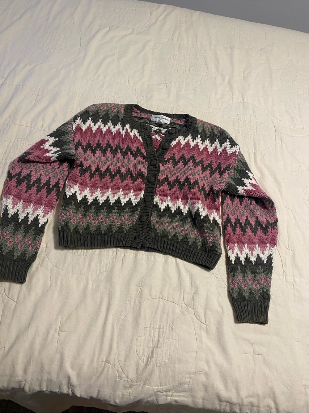Vintage Zigzag Button-Front Cardigan in Pink & Dark Green